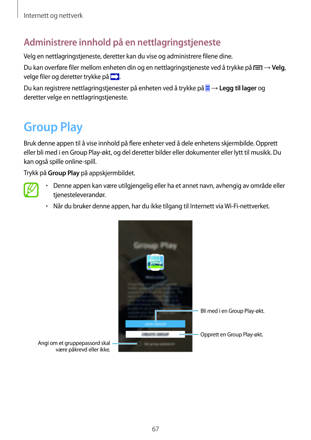 Samsung GT-I9505DKYNEE, GT-I9505ZKANEE, GT-I9505ZWANEE manual Group Play, Administrere innhold på en nettlagringstjeneste 