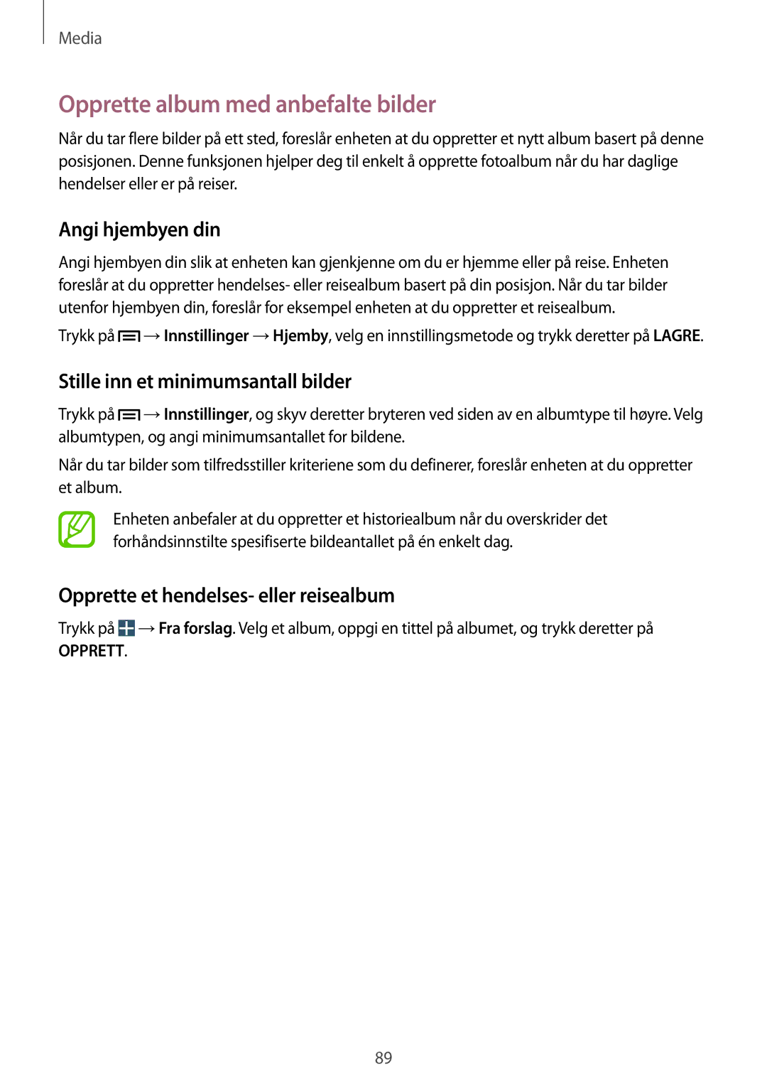 Samsung GT-I9505ZBANEE manual Opprette album med anbefalte bilder, Angi hjembyen din, Stille inn et minimumsantall bilder 