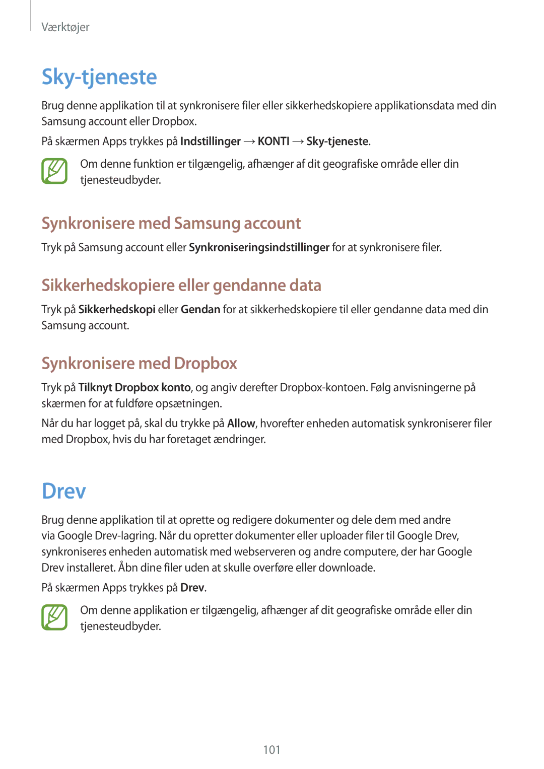 Samsung GT-I9505ZKENEE manual Sky-tjeneste, Drev, Synkronisere med Samsung account, Sikkerhedskopiere eller gendanne data 