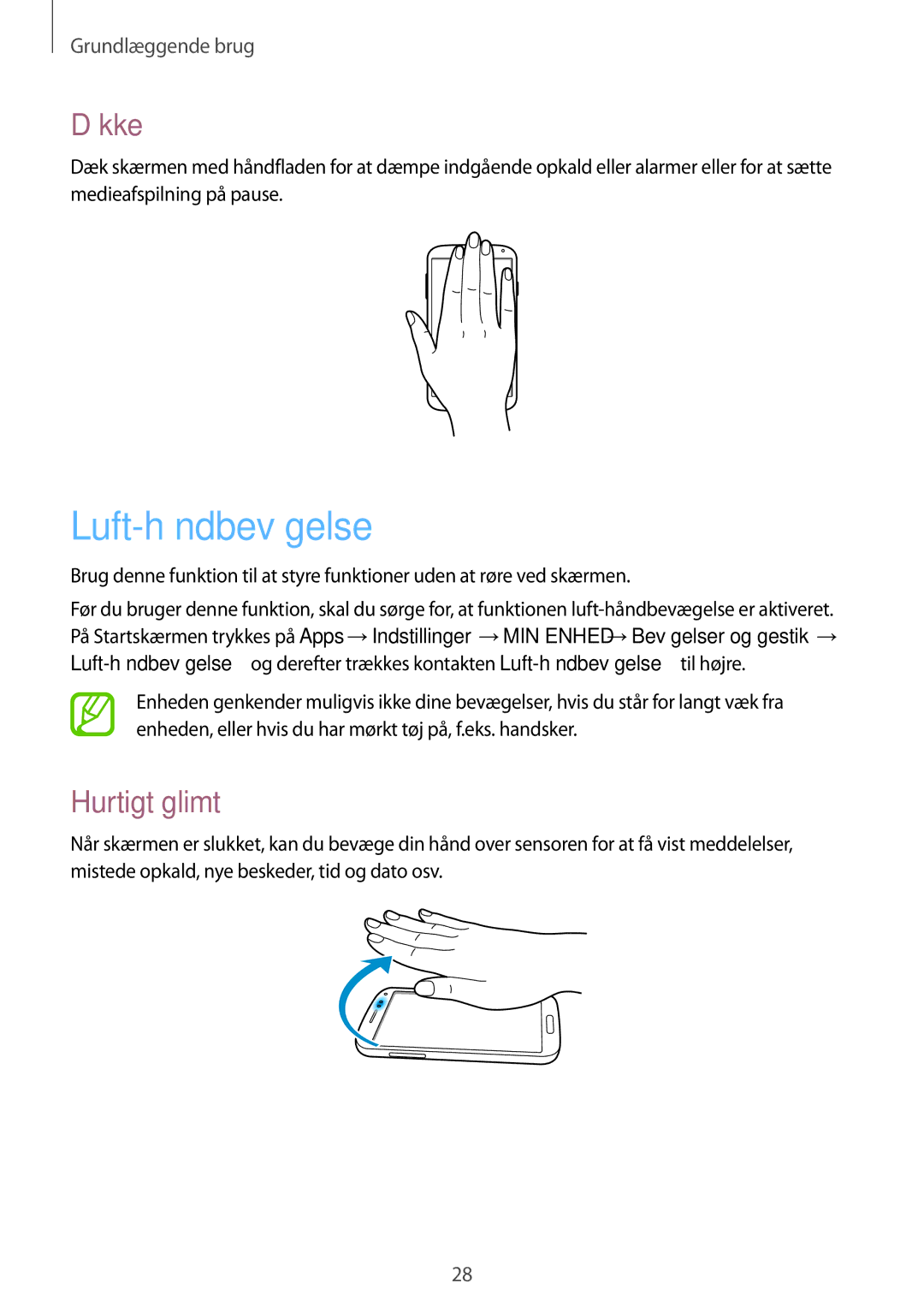 Samsung GT-I9505DKYNEE, GT-I9505ZKANEE, GT-I9505ZWANEE, GT-I9505ZWENEE manual Luft-håndbevægelse, Dække, Hurtigt glimt 