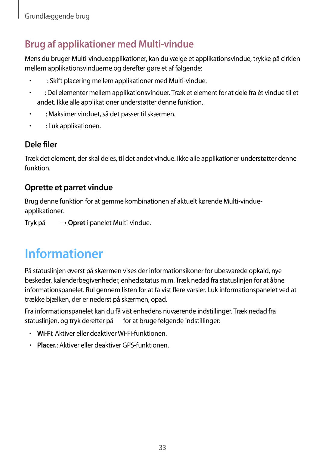 Samsung GT-I9505ZPENEE manual Informationer, Brug af applikationer med Multi-vindue, Dele filer, Oprette et parret vindue 