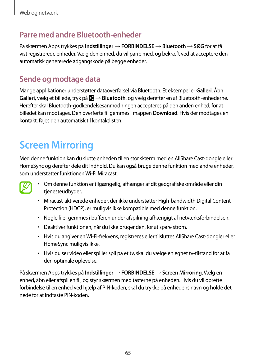 Samsung GT-I9505ZKANEE, GT-I9505ZWANEE manual Screen Mirroring, Parre med andre Bluetooth-enheder, Sende og modtage data 