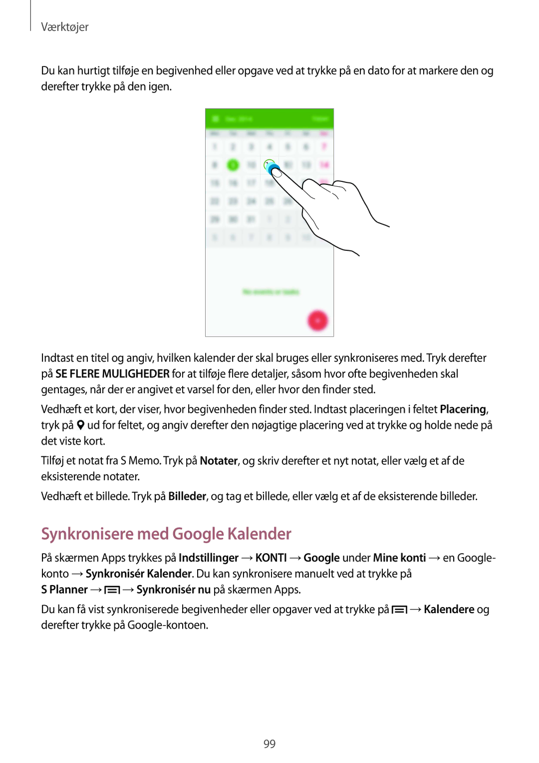 Samsung GT-I9505ZPANEE, GT-I9505ZKANEE manual Synkronisere med Google Kalender, Planner → →Synkronisér nu på skærmen Apps 