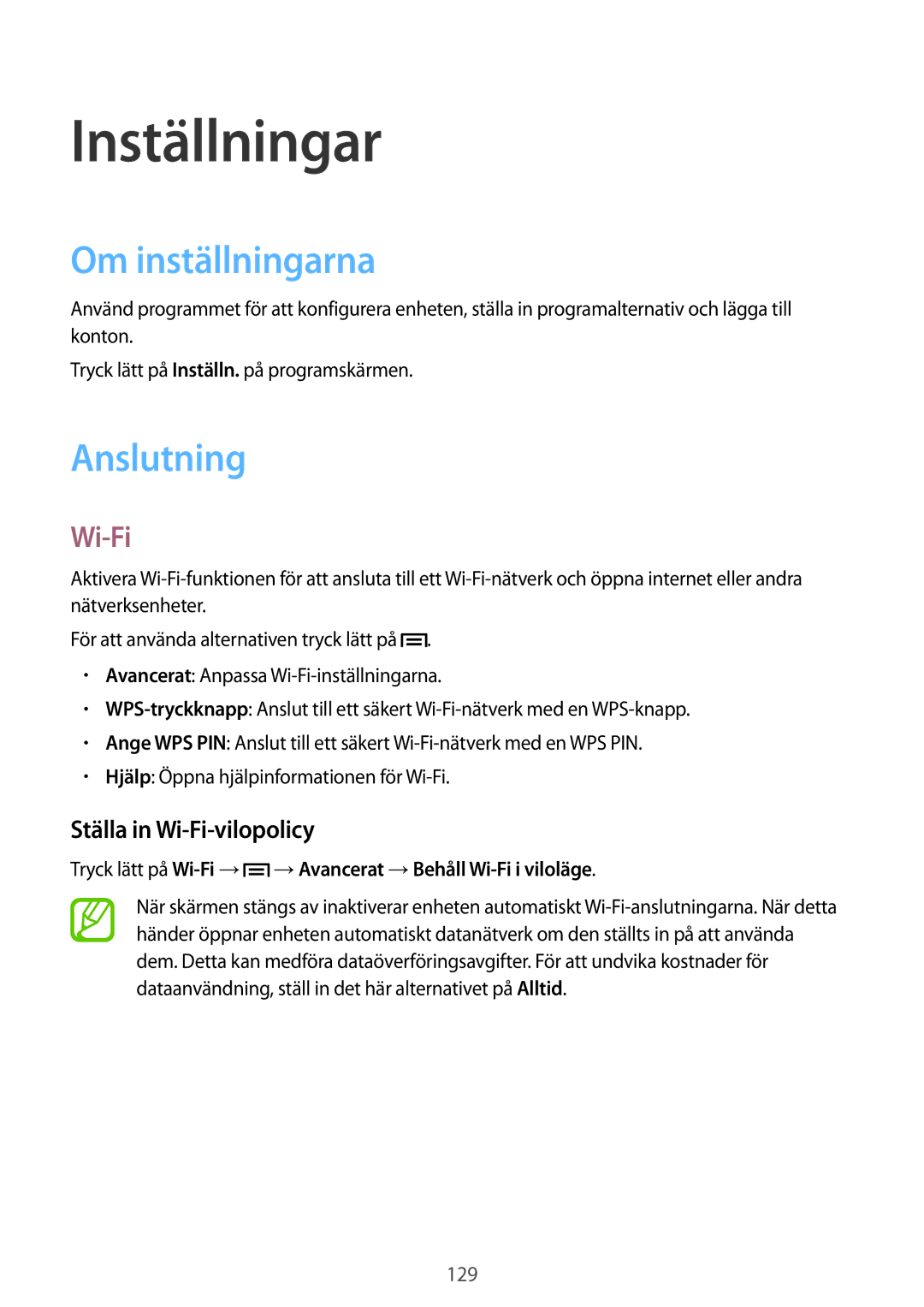 Samsung GT-I9505ZBENEE, GT-I9505ZKANEE manual Inställningar, Om inställningarna, Anslutning, Ställa in Wi-Fi-vilopolicy 