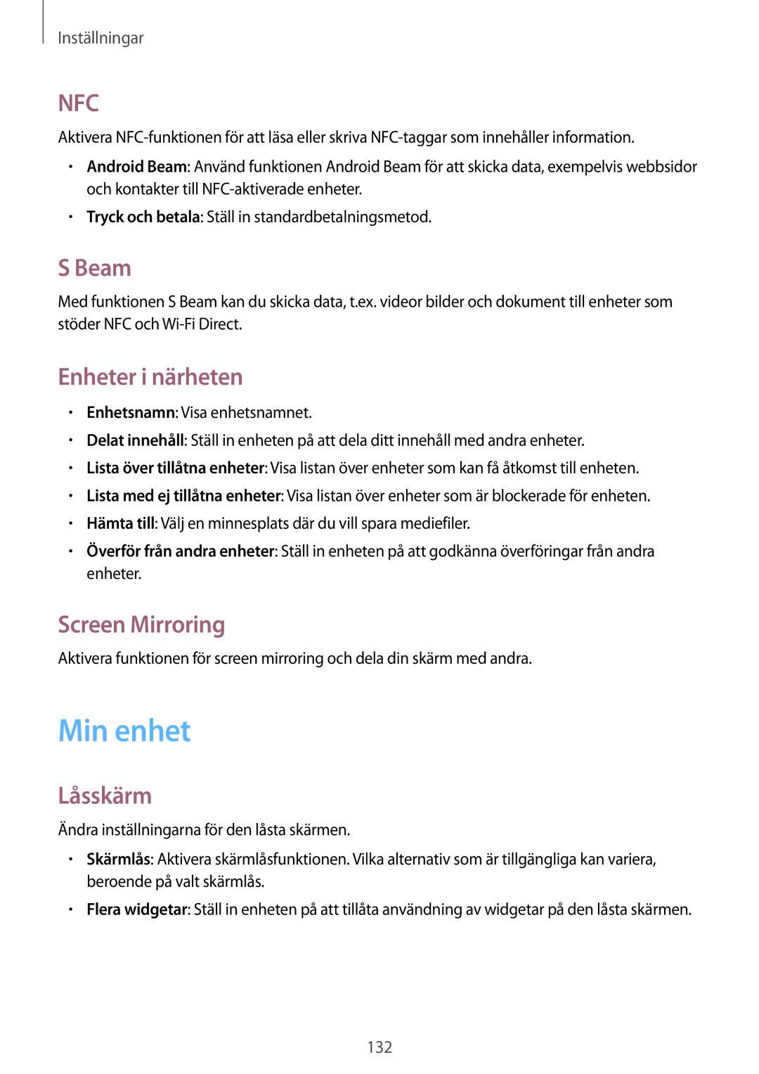 Samsung GT-I9505DKYNEE, GT-I9505ZKANEE, GT-I9505ZWANEE manual Min enhet, Beam, Enheter i närheten, Screen Mirroring, Låsskärm 