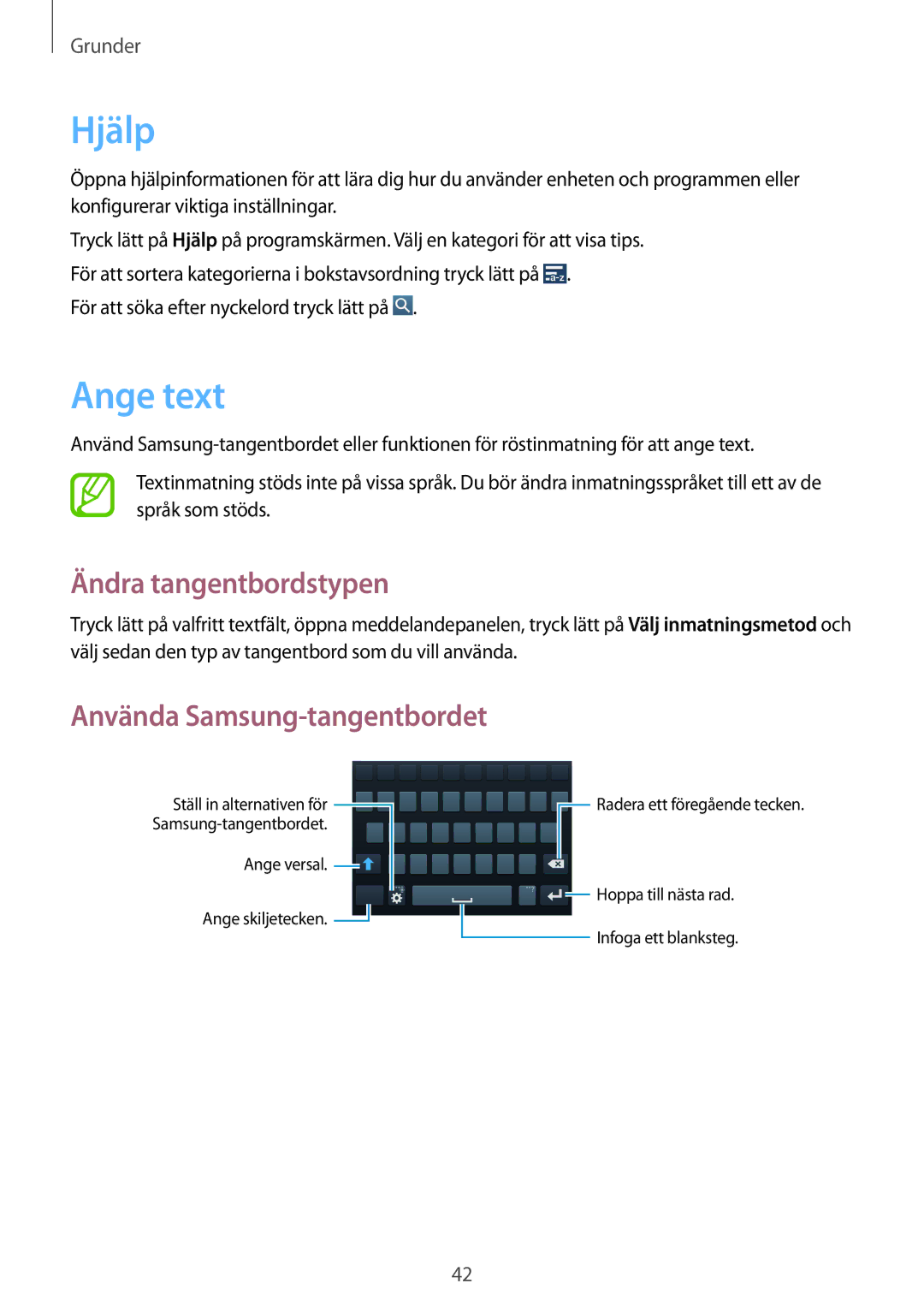 Samsung GT-I9505ZWENEE, GT-I9505ZKANEE manual Hjälp, Ange text, Ändra tangentbordstypen, Använda Samsung-tangentbordet 