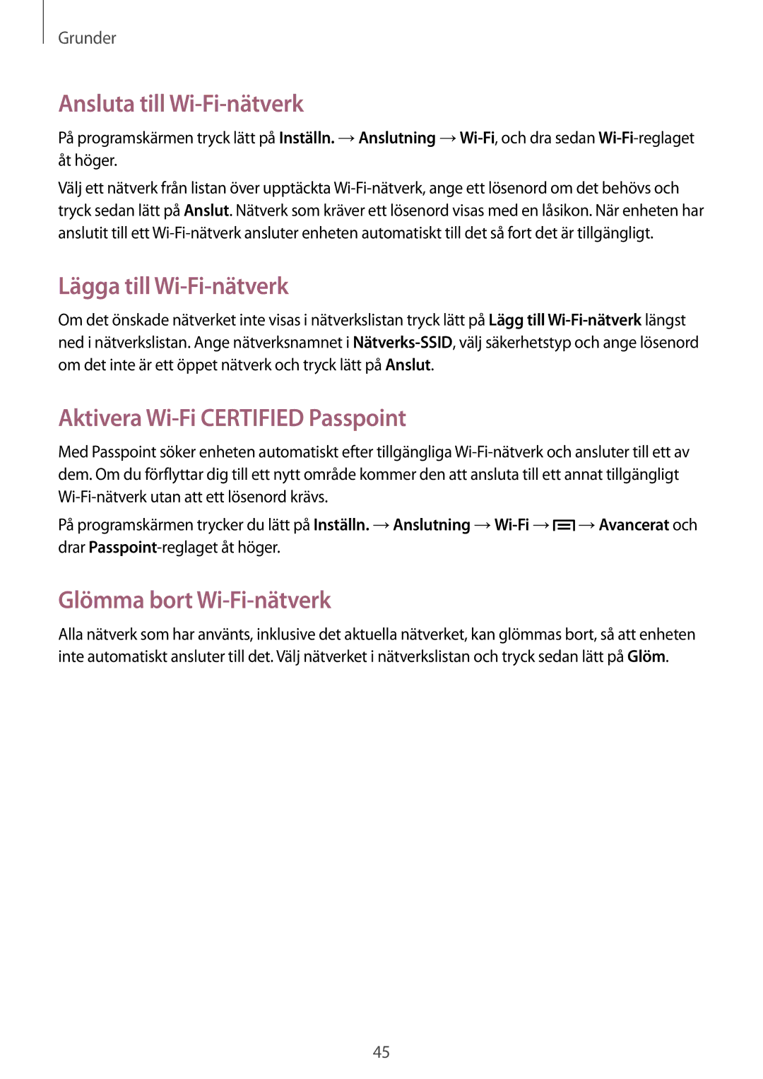 Samsung GT-I9505ZRANEE manual Ansluta till Wi-Fi-nätverk, Lägga till Wi-Fi-nätverk, Aktivera Wi-Fi Certified Passpoint 