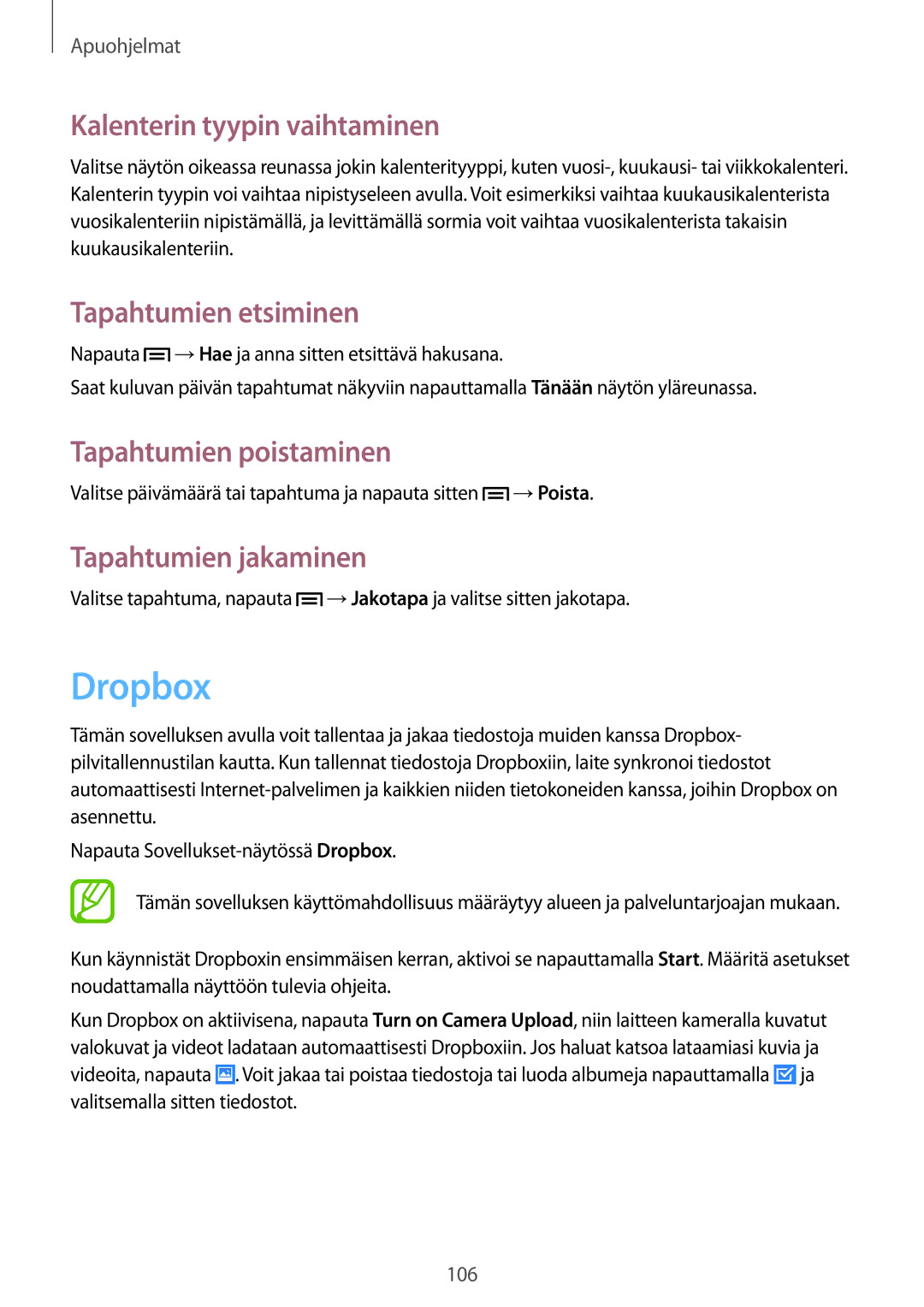 Samsung GT-I9505DKYNEE manual Dropbox, Kalenterin tyypin vaihtaminen, Tapahtumien etsiminen, Tapahtumien poistaminen 