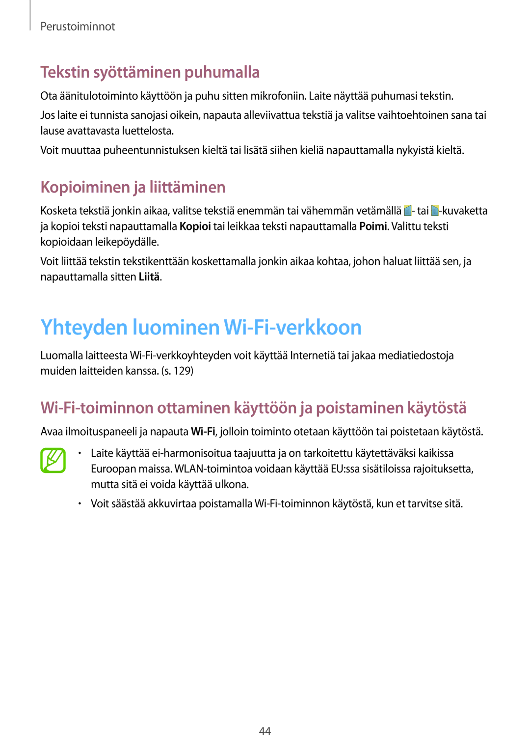 Samsung GT-I9505ZRENEE manual Yhteyden luominen Wi-Fi-verkkoon, Tekstin syöttäminen puhumalla, Kopioiminen ja liittäminen 