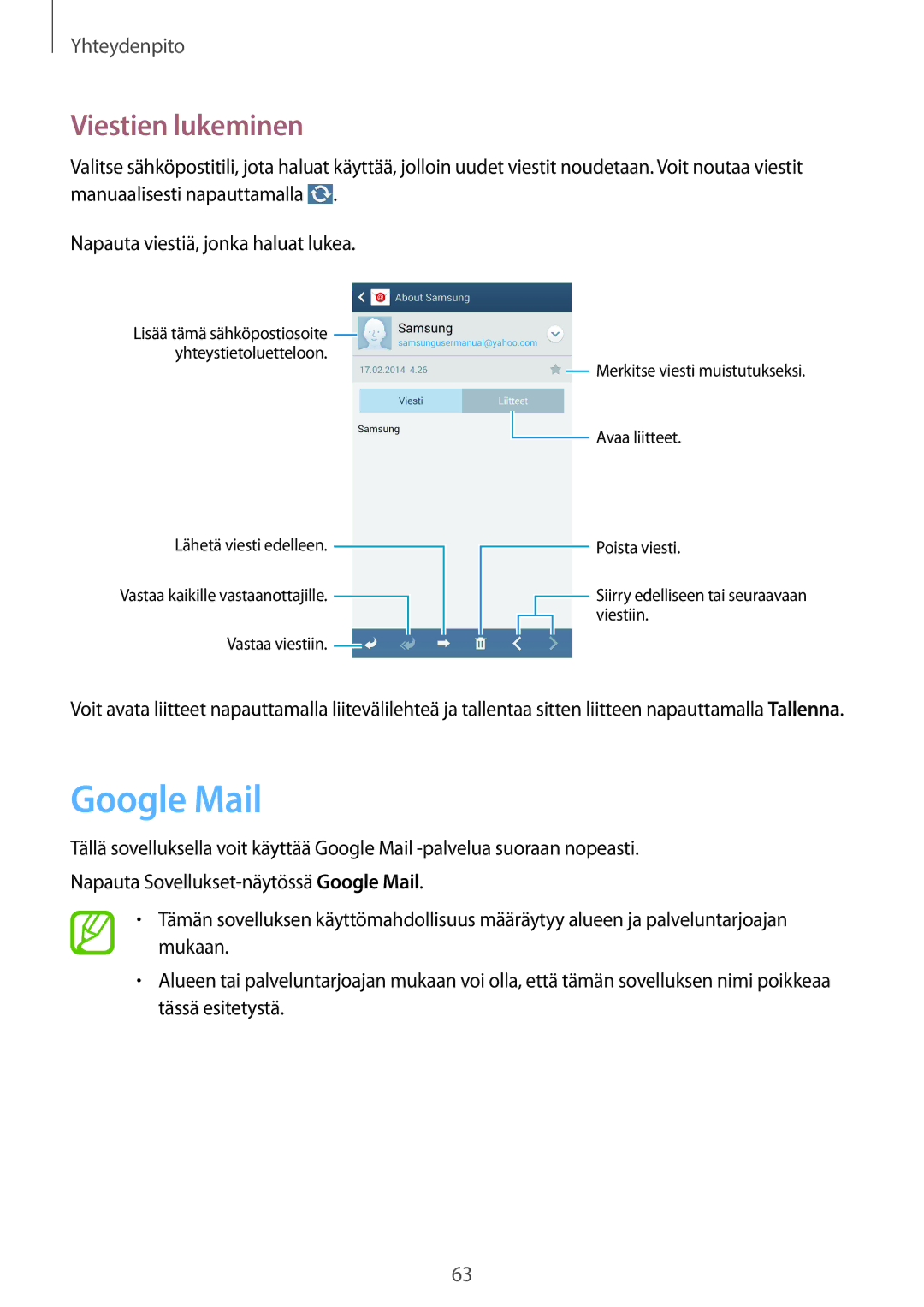 Samsung GT-I9505ZBANEE, GT-I9505ZKANEE, GT-I9505ZWANEE, GT-I9505DKYNEE, GT-I9505ZWENEE manual Google Mail, Viestien lukeminen 