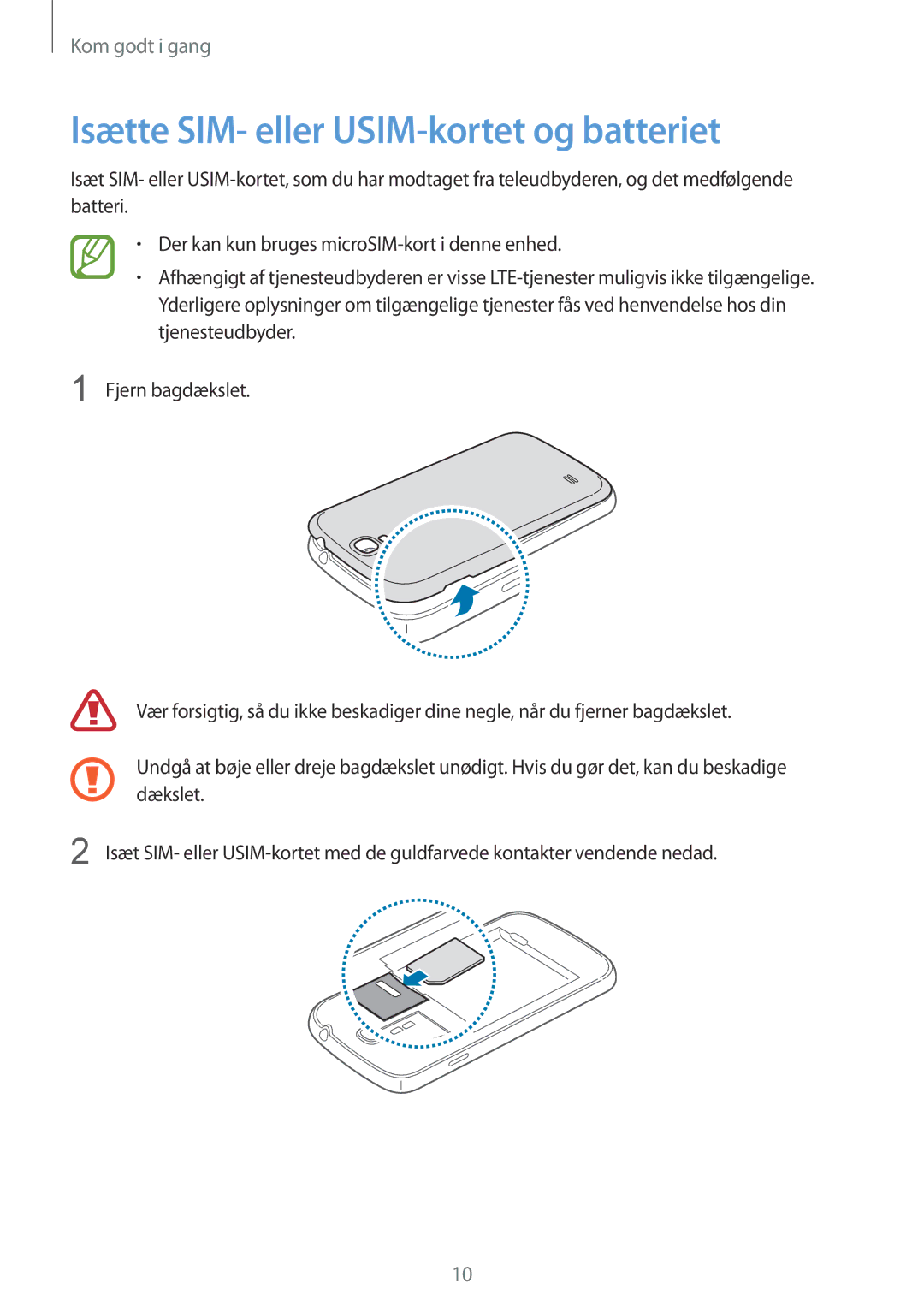 Samsung GT-I9505ZKENEE, GT-I9505ZKANEE, GT-I9505ZWANEE, GT-I9505DKYNEE manual Isætte SIM- eller USIM-kortet og batteriet 