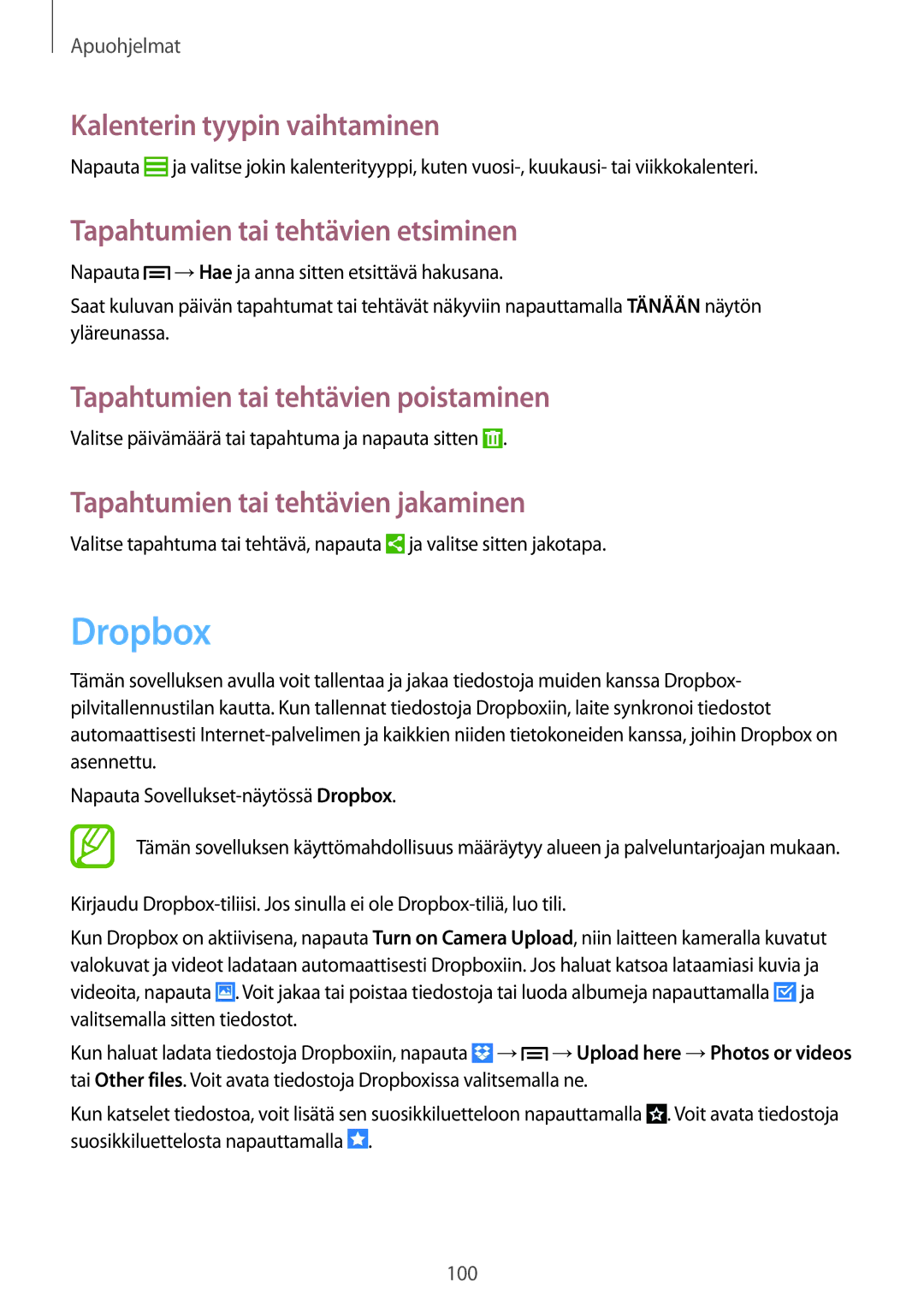 Samsung GT-I9505ZNENEE, GT-I9505ZKANEE manual Dropbox, Kalenterin tyypin vaihtaminen, Tapahtumien tai tehtävien etsiminen 