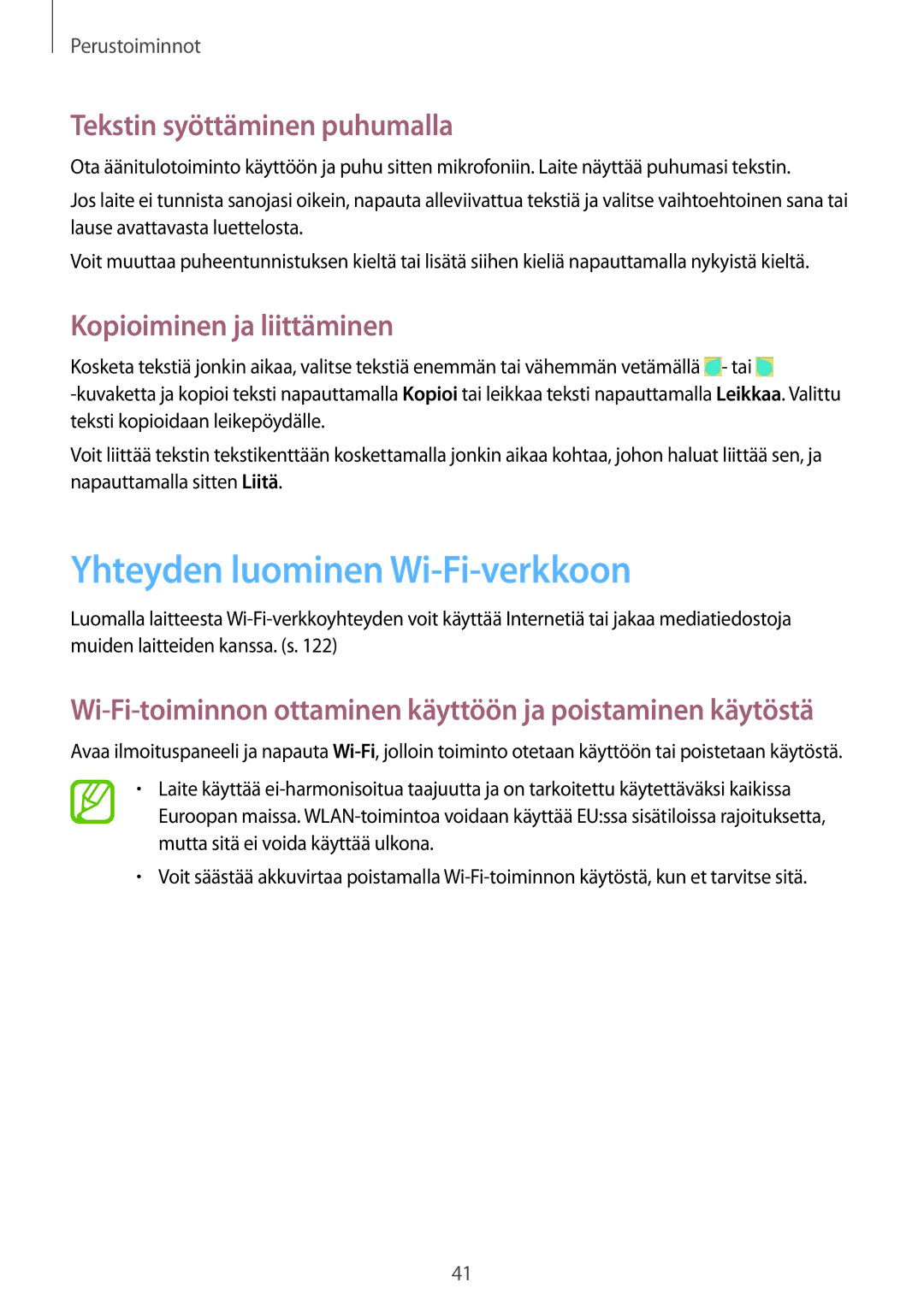 Samsung GT-I9505DKYNEE manual Yhteyden luominen Wi-Fi-verkkoon, Tekstin syöttäminen puhumalla, Kopioiminen ja liittäminen 