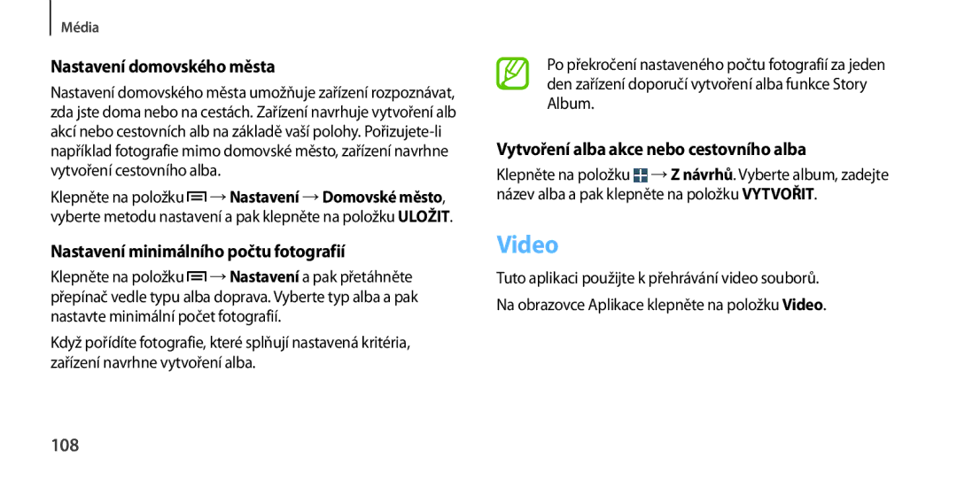 Samsung GT-I9505ZWAETL, GT-I9505ZKATPL manual Video, Nastavení domovského města, Nastavení minimálního počtu fotografií, 108 