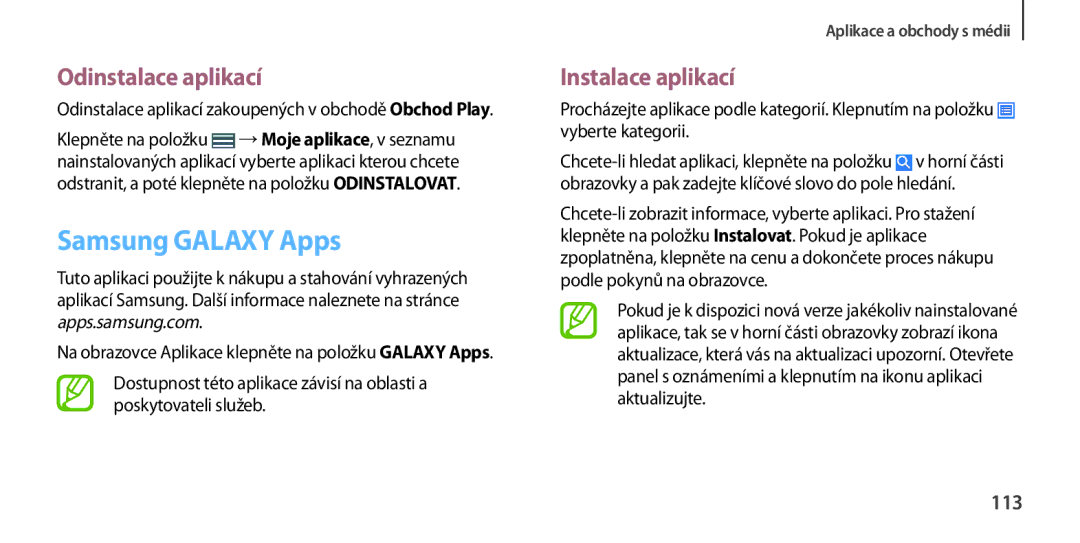 Samsung GT-I9505ZWAGBL, GT-I9505ZKATPL, GT-I9505DKYXEO, GT-I9505ZWACOS, GT-I9505ZKAPLS manual Samsung Galaxy Apps, 113 