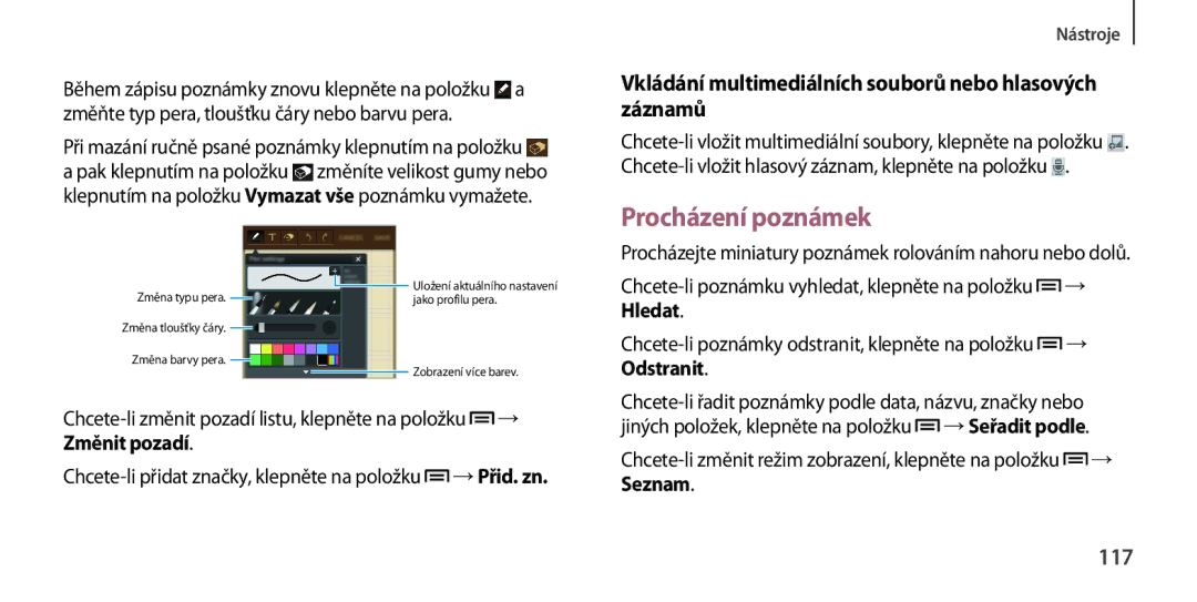 Samsung GT2I9505ZKATMZ, GT-I9505ZKATPL Procházení poznámek, Vkládání multimediálních souborů nebo hlasových záznamů, 117 