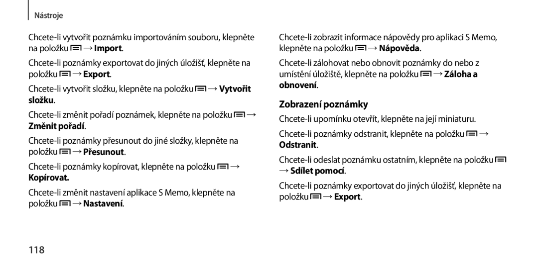 Samsung GT-I9505ZWAMOB, GT-I9505ZKATPL, GT-I9505DKYXEO manual Zobrazení poznámky, 118, Kopírovat, Obnovení, → Sdílet pomocí 