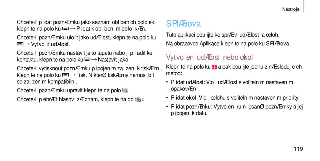 Samsung GT-I9505ZNAROM, GT-I9505ZKATPL, GT-I9505DKYXEO manual Plánovač, Vytvoření událostí nebo úkolů, 119, →Vytvořit událost 