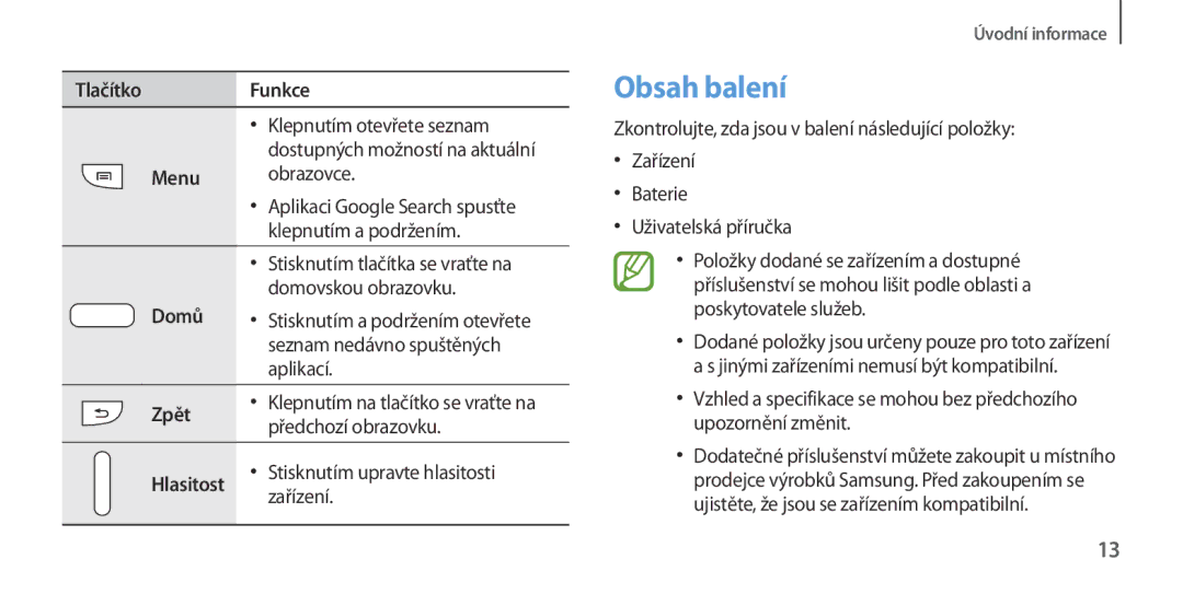 Samsung GT-I9505ZWAEUR, GT-I9505ZKATPL, GT-I9505DKYXEO, GT-I9505ZWACOS, GT-I9505ZKAPLS manual Obsah balení, Menu, Domů, Zpět 