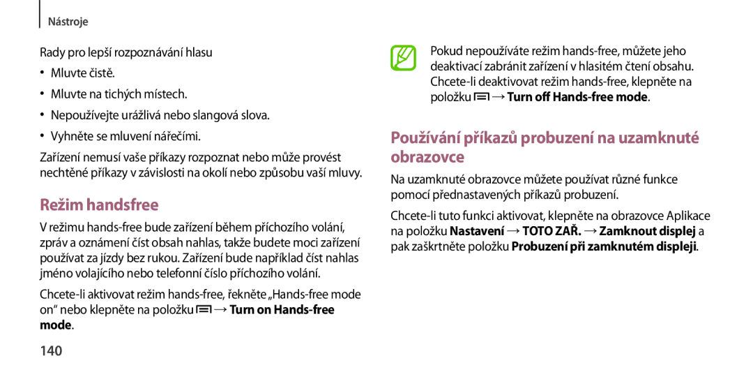 Samsung GT-I9505ZWAVDC, GT-I9505ZKATPL manual Režim handsfree, Používání příkazů probuzení na uzamknuté obrazovce, 140, Mode 