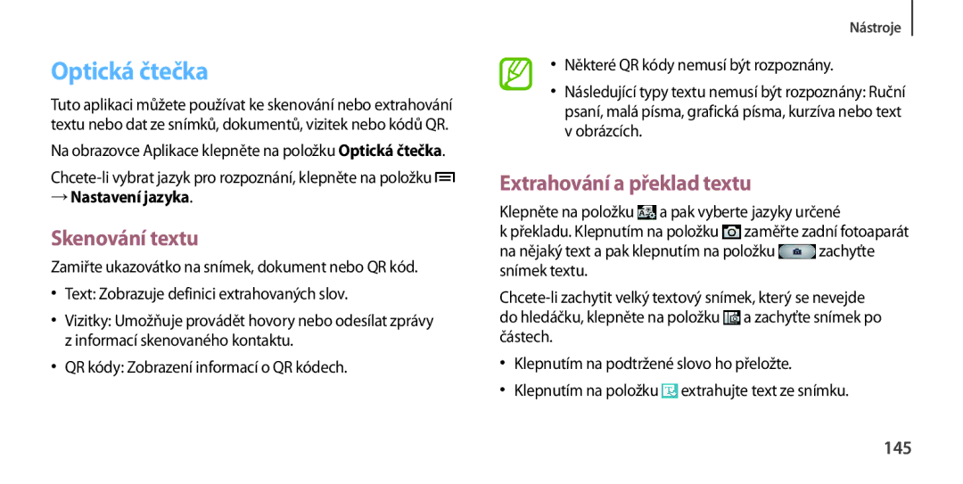 Samsung GT-I9505ZWZXEH manual Optická čtečka, Skenování textu, Extrahování a překlad textu, 145, → Nastavení jazyka 