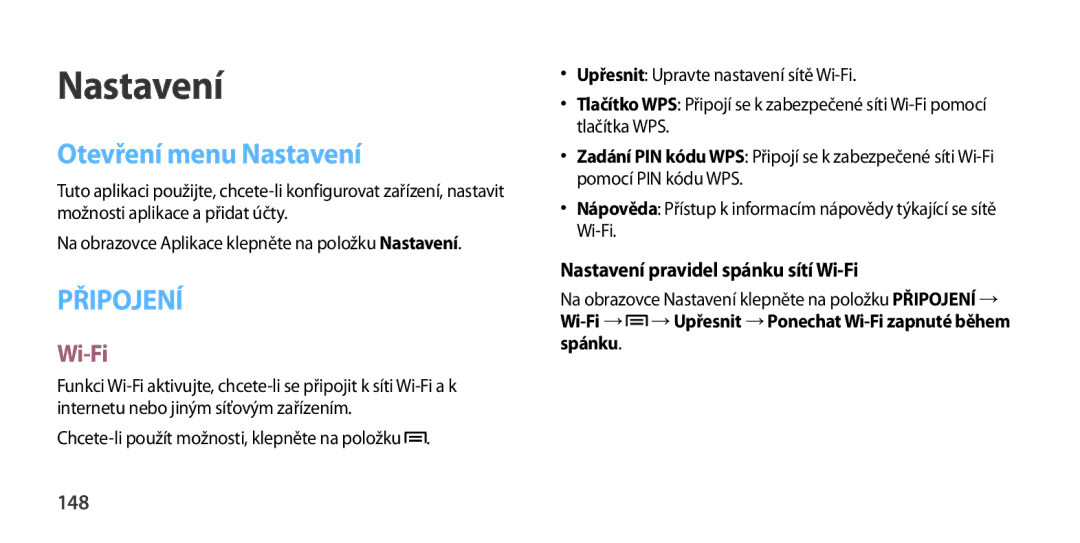 Samsung GT-I9505ZKADRE, GT-I9505ZKATPL manual Otevření menu Nastavení, Nastavení pravidel spánku sítí Wi-Fi, 148 