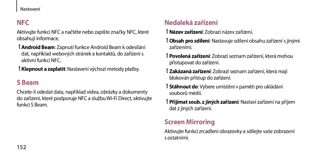 Samsung GT-I9505DKYTMS, GT-I9505ZKATPL, GT-I9505DKYXEO, GT-I9505ZWACOS manual Beam, Nedaleká zařízení, Screen Mirroring, 152 