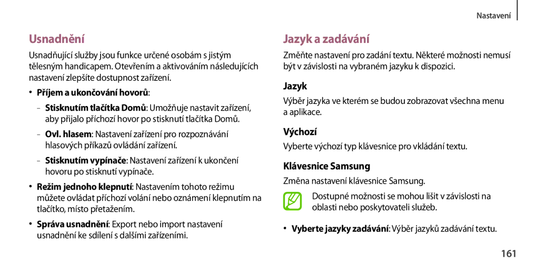 Samsung GT2I9505ZKATMS, GT-I9505ZKATPL, GT-I9505DKYXEO, GT-I9505ZWACOS, GT-I9505ZKAPLS manual Usnadnění, Jazyk a zadávání, 161 