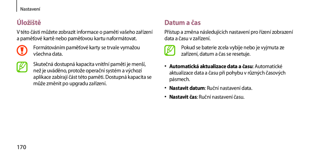 Samsung GT-I9505ZKAIDE manual Úložiště, Datum a čas, 170, Formátováním paměťové karty se trvale vymažou všechna data 