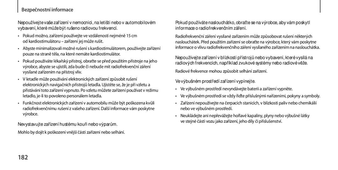 Samsung GT-I9505DKYORX, GT-I9505ZKATPL, GT-I9505DKYXEO, GT-I9505ZWACOS manual 182, Ve výbušném prostředí zařízení vypínejte 