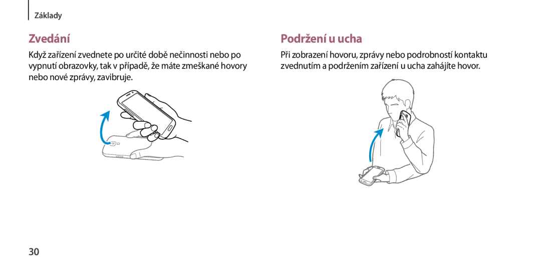 Samsung GT-I9505ZWAGBL, GT-I9505ZKATPL, GT-I9505DKYXEO, GT-I9505ZWACOS, GT-I9505ZKAPLS manual Zvedání, Podržení u ucha 