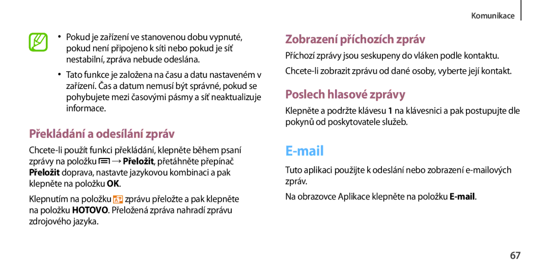 Samsung GT-I9505ZWATMZ manual Mail, Překládání a odesílání zpráv, Zobrazení příchozích zpráv, Poslech hlasové zprávy 