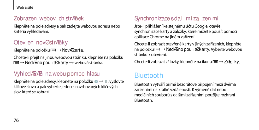 Samsung GT-I9505ZRAROM manual Bluetooth, Synchronizace s dalšími zařízeními, →Nedávno použité karty →webová stránka 