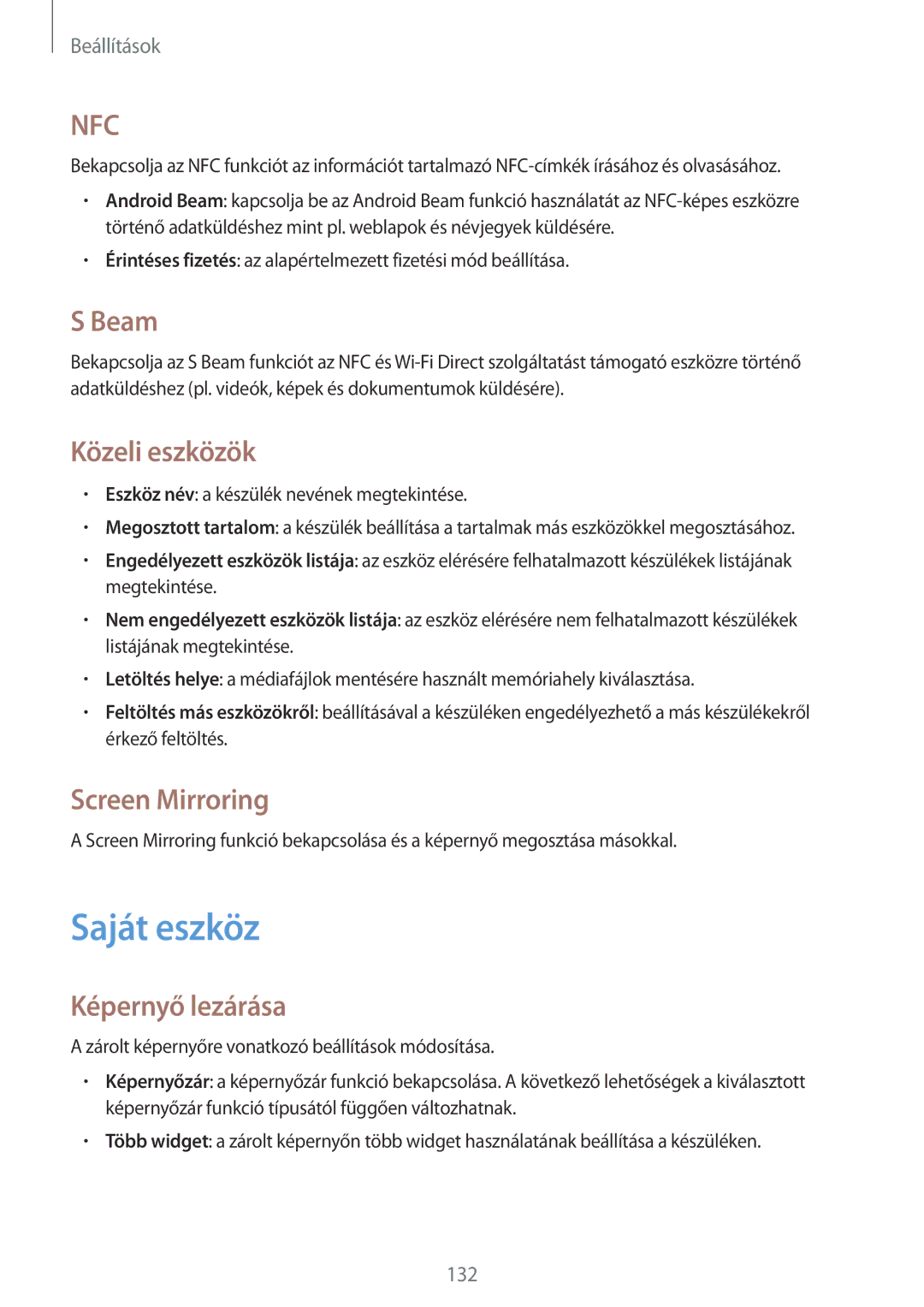 Samsung GT-I9505ZKABGL, GT-I9505ZKATPL manual Saját eszköz, Beam, Közeli eszközök, Screen Mirroring, Képernyő lezárása 