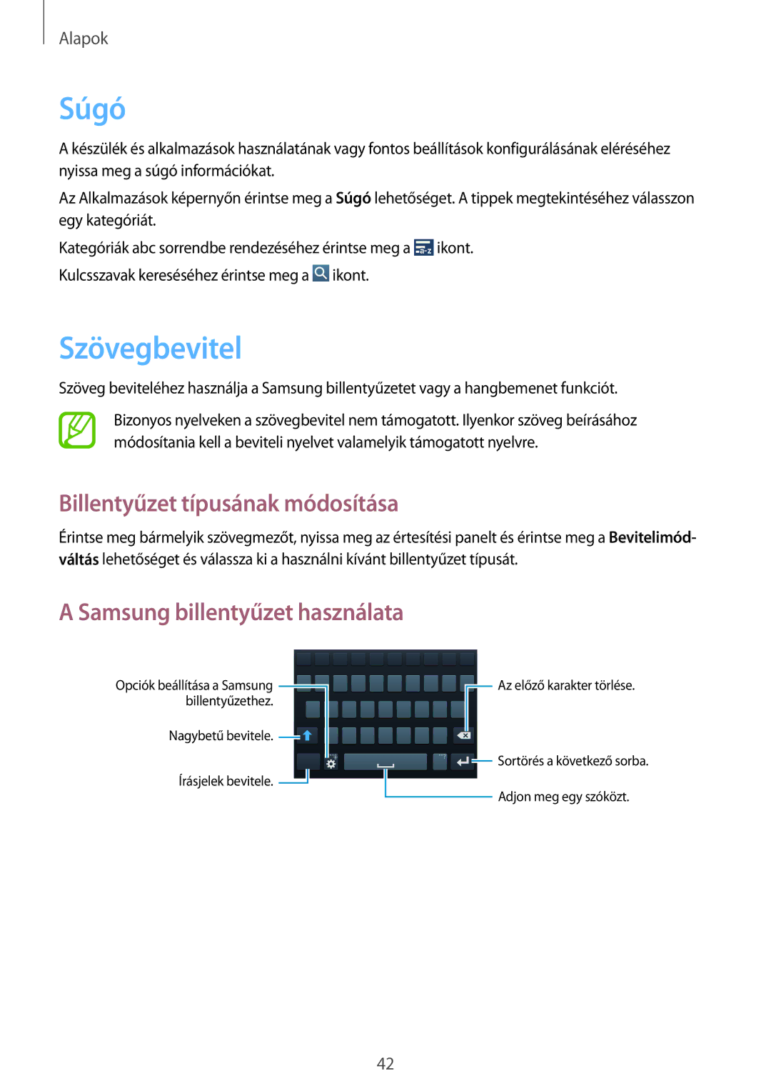 Samsung GT-I9505ZWAMOB manual Súgó, Szövegbevitel, Billentyűzet típusának módosítása, Samsung billentyűzet használata 