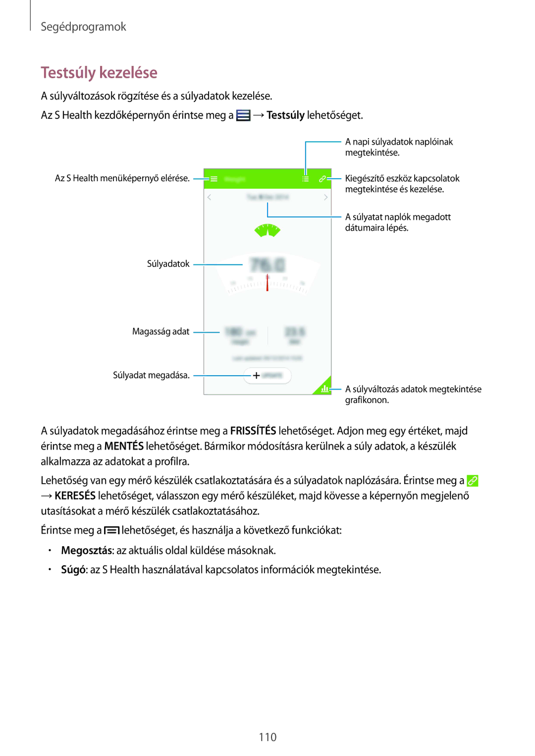 Samsung GT-I9505ZKAPRT, GT-I9505ZKATPL, GT-I9505DKYXEO, GT-I9505ZWACOS, GT-I9505ZKAPLS, GT-I9505ZKAIDE manual Testsúly kezelése 