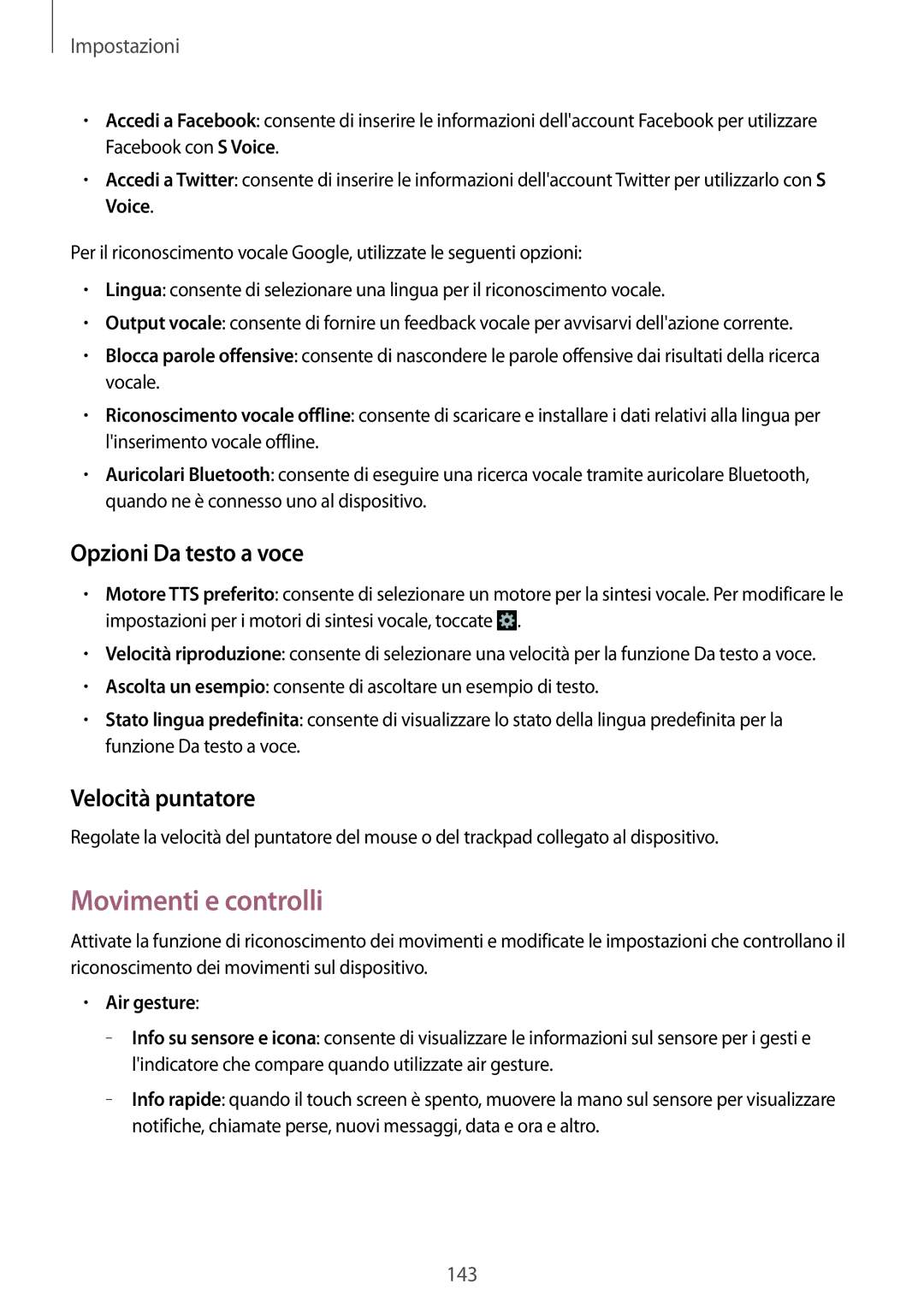 Samsung GT-I9505ZKAWIN, GT-I9505ZKATPL Movimenti e controlli, Opzioni Da testo a voce, Velocità puntatore, Air gesture 