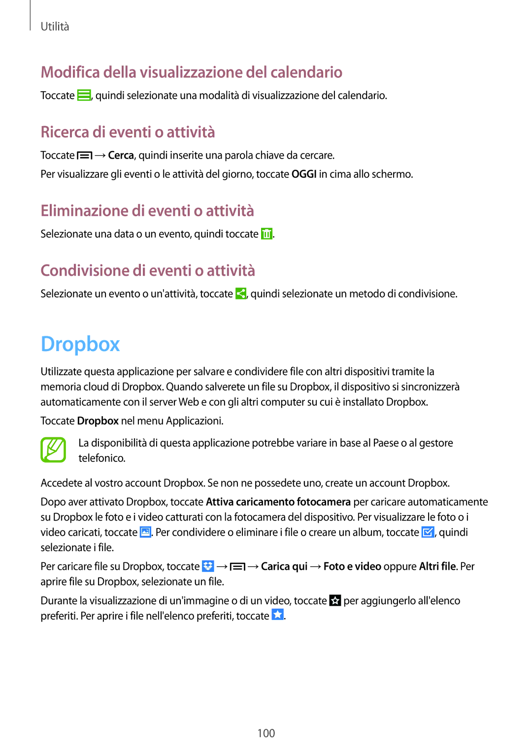 Samsung GT-I9505ZKADBT manual Dropbox, Modifica della visualizzazione del calendario, Ricerca di eventi o attività 