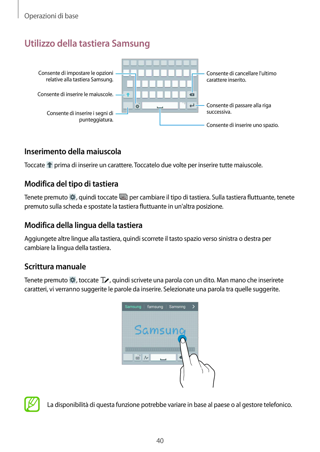 Samsung GT-I9505ZWAITV manual Utilizzo della tastiera Samsung, Inserimento della maiuscola, Modifica del tipo di tastiera 