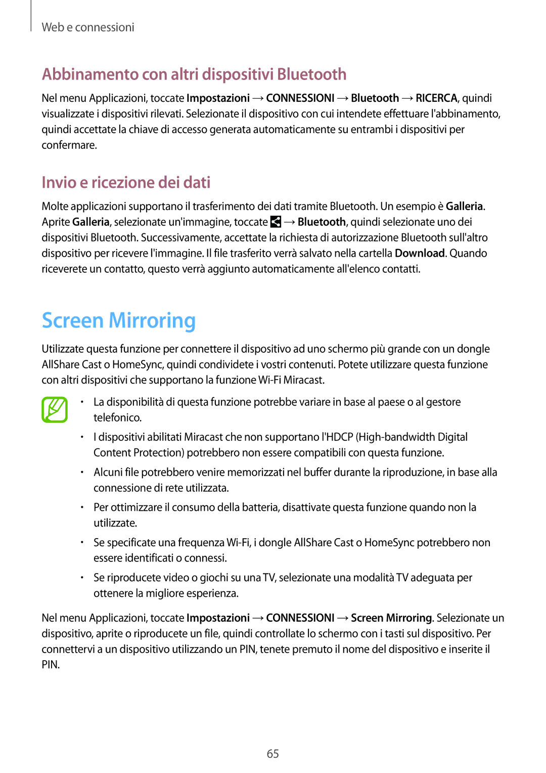 Samsung GT-I9505DKYTIM manual Screen Mirroring, Abbinamento con altri dispositivi Bluetooth, Invio e ricezione dei dati 