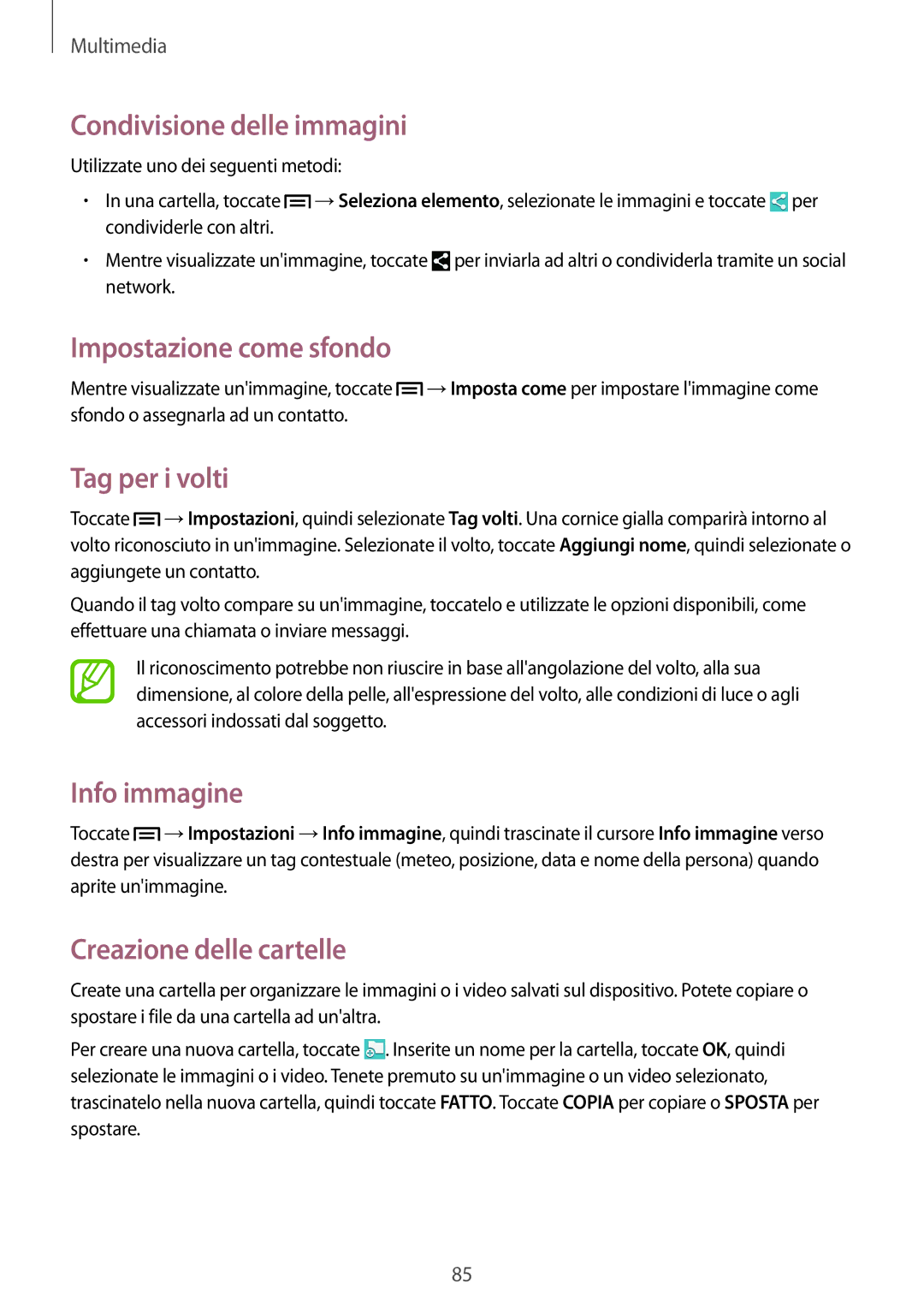 Samsung GT-I9505ZKATIM manual Condivisione delle immagini, Impostazione come sfondo, Tag per i volti, Info immagine 