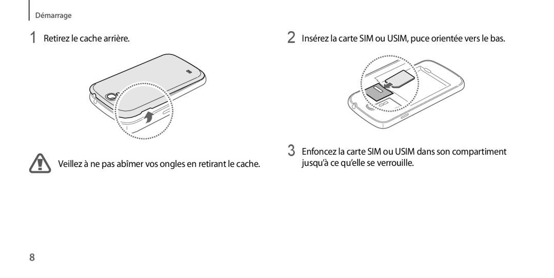 Samsung GT-I9505ZKABOG, GT-I9505ZKEXEF, GT-I9505ZIASFR manual Insérez la carte SIM ou USIM, puce orientée vers le bas 