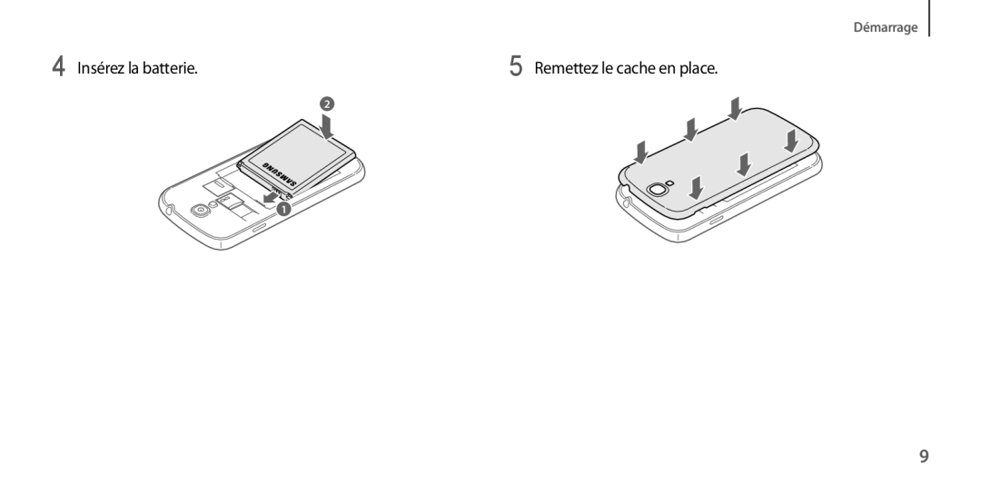 Samsung GT-I9505ZWAXEF, GT-I9505ZKEXEF, GT-I9505ZIASFR, GT-I9505ZBAXEF manual Insérez la batterie.5 Remettez le cache en place 