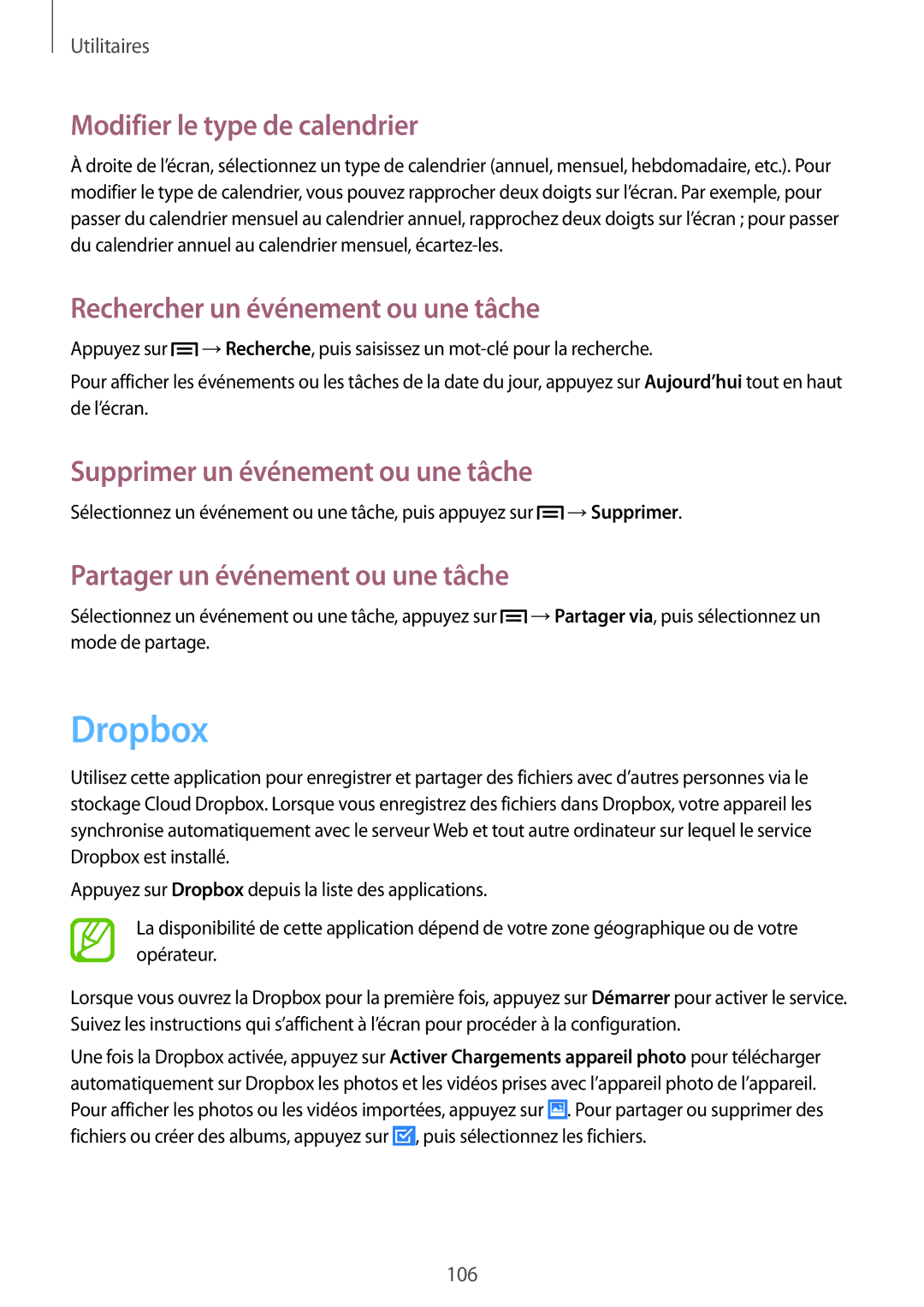 Samsung GT-I9505DKYXEF, GT-I9505ZKEXEF manual Dropbox, Modifier le type de calendrier, Rechercher un événement ou une tâche 