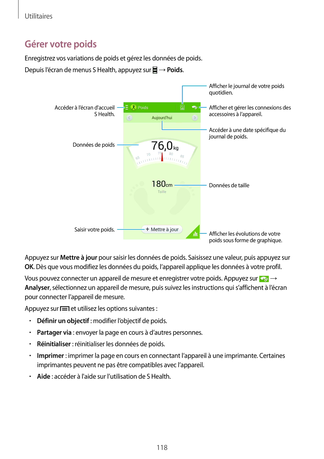 Samsung GT-I9505ZWAFTM, GT-I9505ZKEXEF, GT-I9505ZIASFR, GT-I9505ZBAXEF, GT-I9505ZWEXEF manual Gérer votre poids, →Poids 