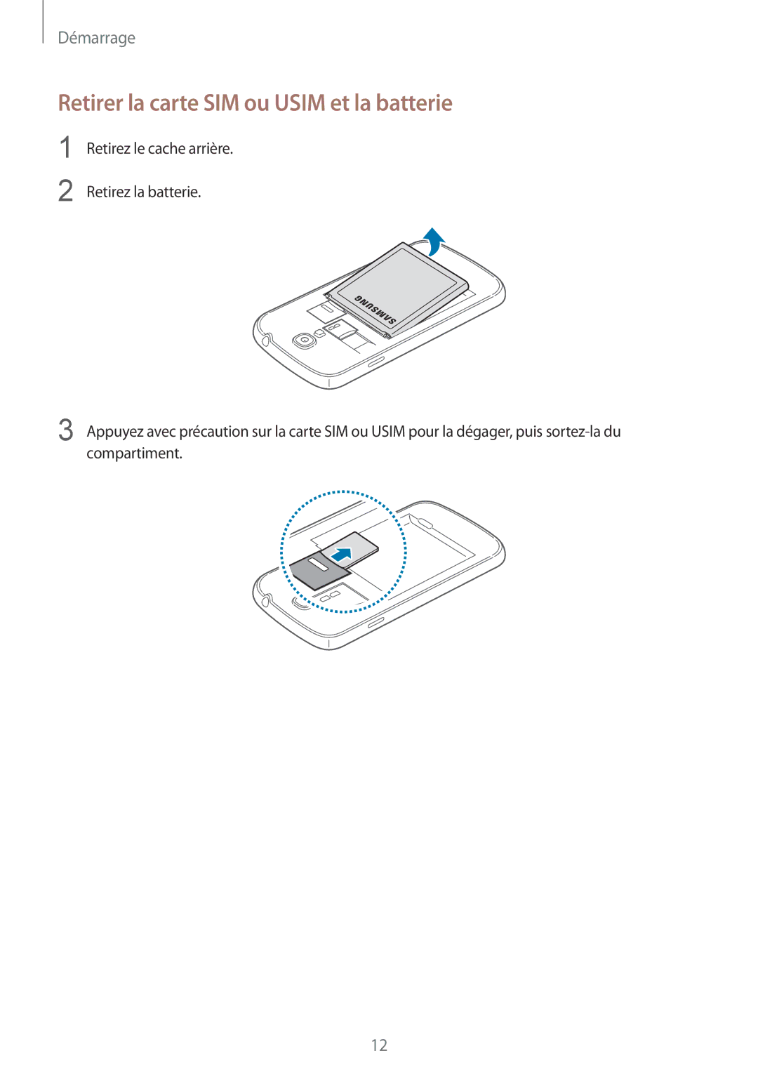 Samsung GT-I9505ZKAFTM, GT-I9505ZKEXEF, GT-I9505ZIASFR, GT-I9505ZBAXEF manual Retirer la carte SIM ou Usim et la batterie 