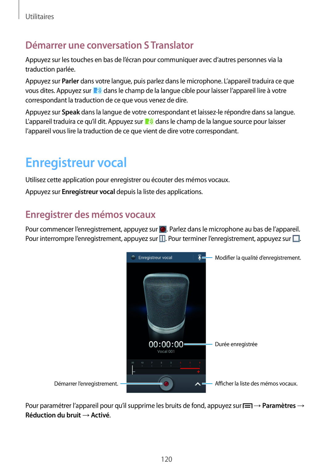 Samsung GT-I9505ZKAFTM manual Enregistreur vocal, Démarrer une conversation S Translator, Enregistrer des mémos vocaux 