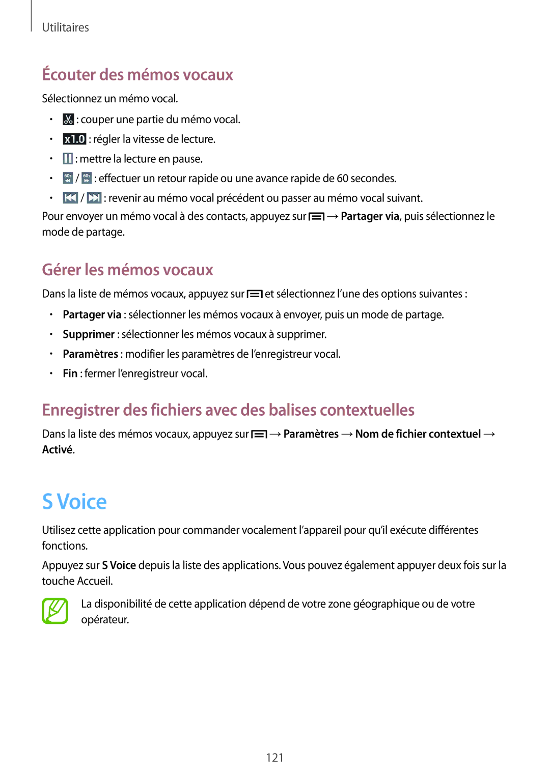 Samsung GT-I9505DKYSFR, GT-I9505ZKEXEF, GT-I9505ZIASFR manual Voice, Écouter des mémos vocaux, Gérer les mémos vocaux 