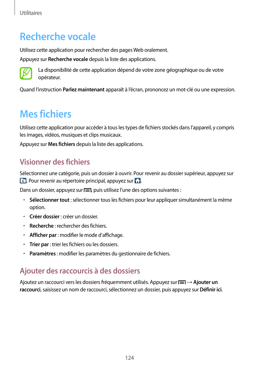 Samsung GT-I9505DKYXEF manual Recherche vocale, Mes fichiers, Visionner des fichiers, Ajouter des raccourcis à des dossiers 