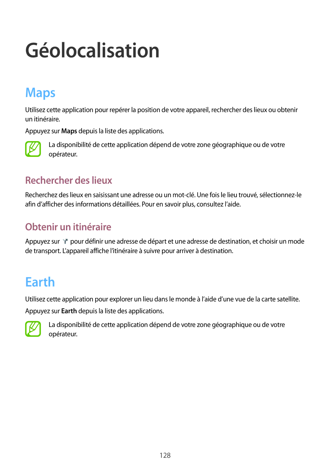 Samsung GT-I9505ZBAXEF, GT-I9505ZKEXEF, GT-I9505ZIASFR manual Maps, Earth, Rechercher des lieux, Obtenir un itinéraire 